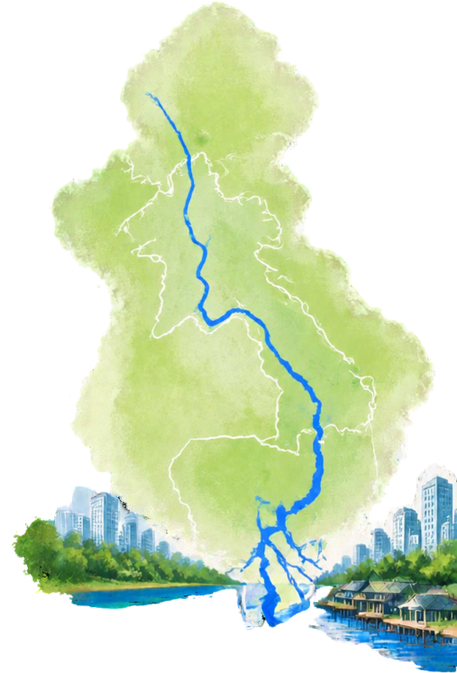 Illustrated map of the Lower Mekong Basin showing the river through Lao PDR, Thailand, Cambodia and Viet Nam